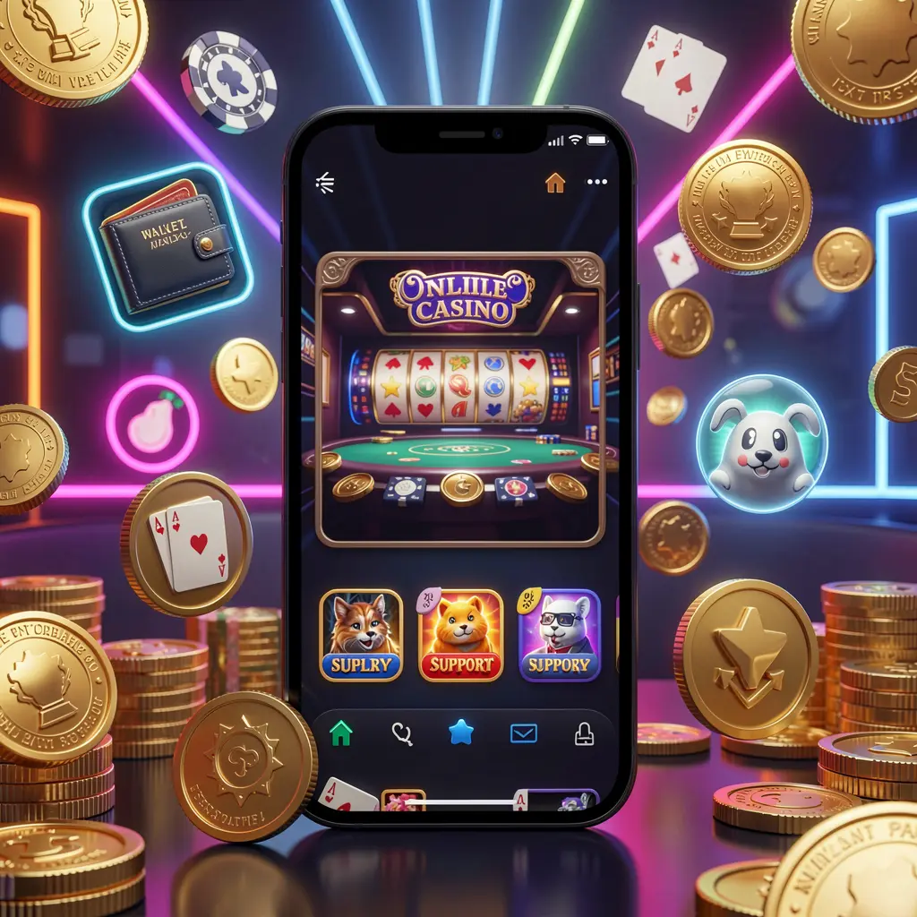 PGY7777 online casino app features displayed on a smartphone surrounded by icons for wallet, games, support, and rewards with golden coins and neon lights in a luxury 3D render