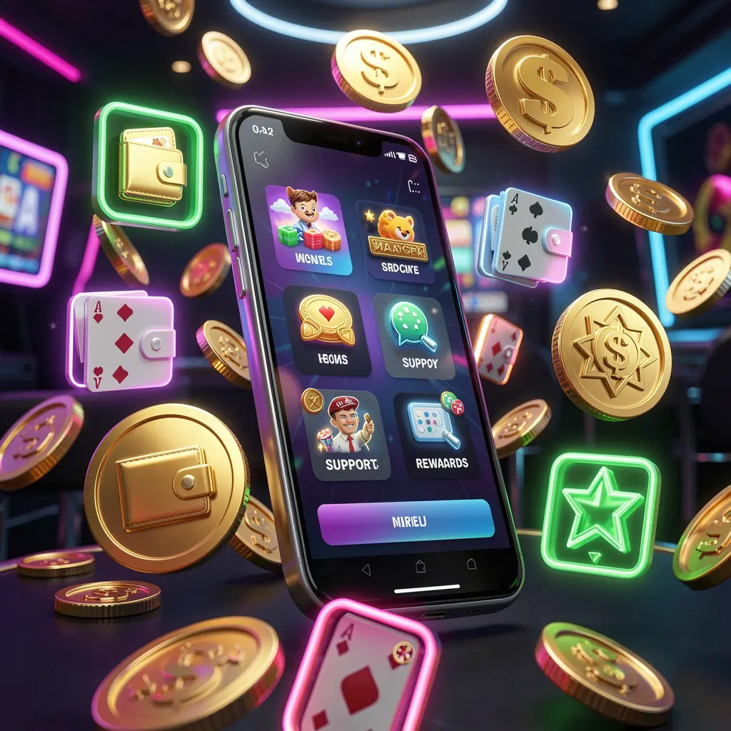 PGY7777 online casino app features visual with a smartphone surrounded by icons for wallet, games, support, and rewards, golden coins, and neon lights in a luxury 3D render