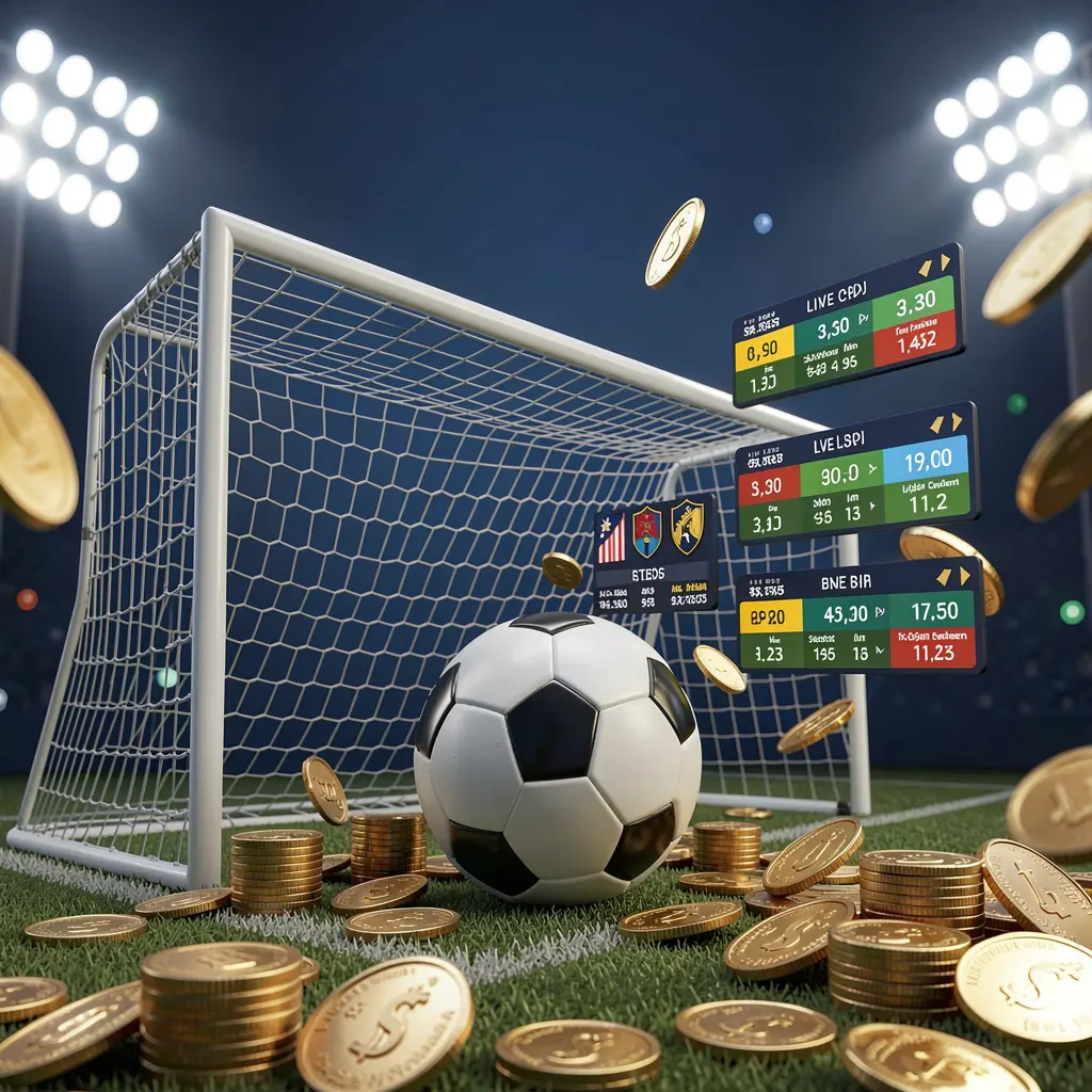 Realistic 3D render of a sports betting page by PGY7777 featuring a football goal net, soccer ball, stadium lights, coins, and floating live score panels on a dark blue premium background Realistic 3D render of a sports betting page by PGY7777 featuring a football goal net, soccer ball, stadium lights, coins, and floating live score panels on a dark blue premium background