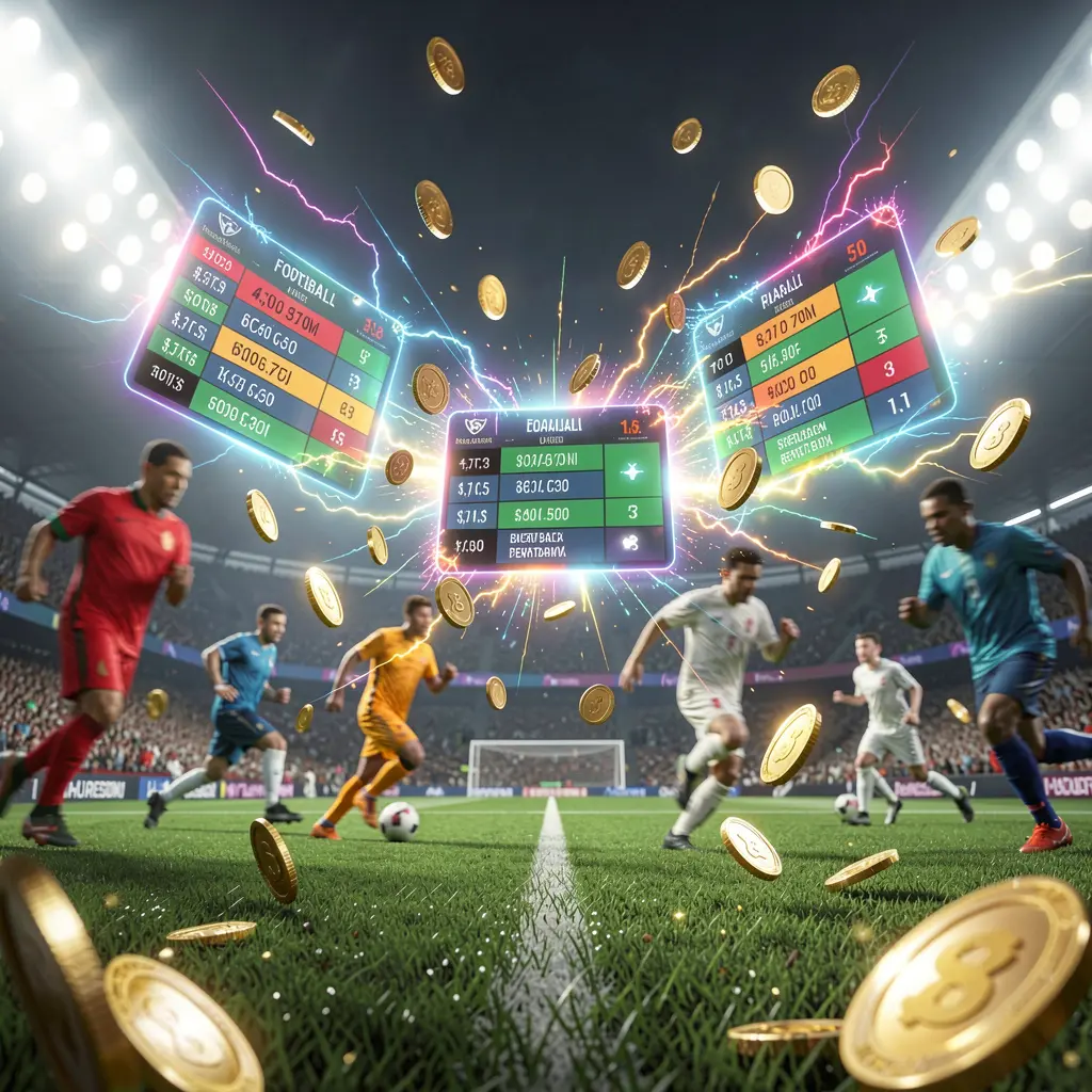 Live football betting scene at a brightly lit soccer stadium with blurred players in action, floating odds panels, coins, and dynamic energy effects, showcasing PGY7777's premium cinematic render Live football betting scene at a brightly lit soccer stadium with blurred players in action, floating odds panels, coins, and dynamic energy effects, showcasing PGY7777's premium cinematic render