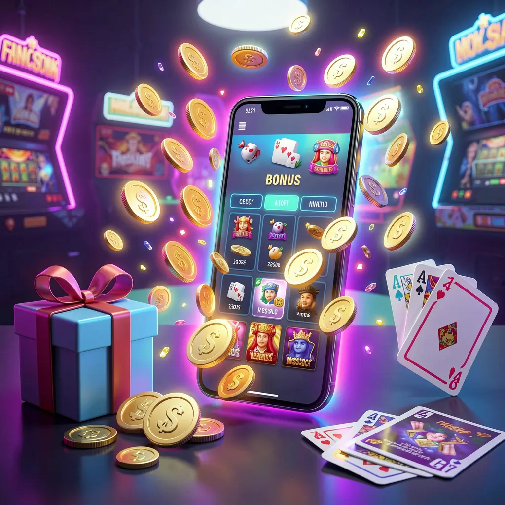 PGY7777 mobile casino bonus banner featuring a smartphone with coins bursting from the screen, a gift box and playing cards nearby, all illuminated by a bright neon glow in a premium realistic 3D render