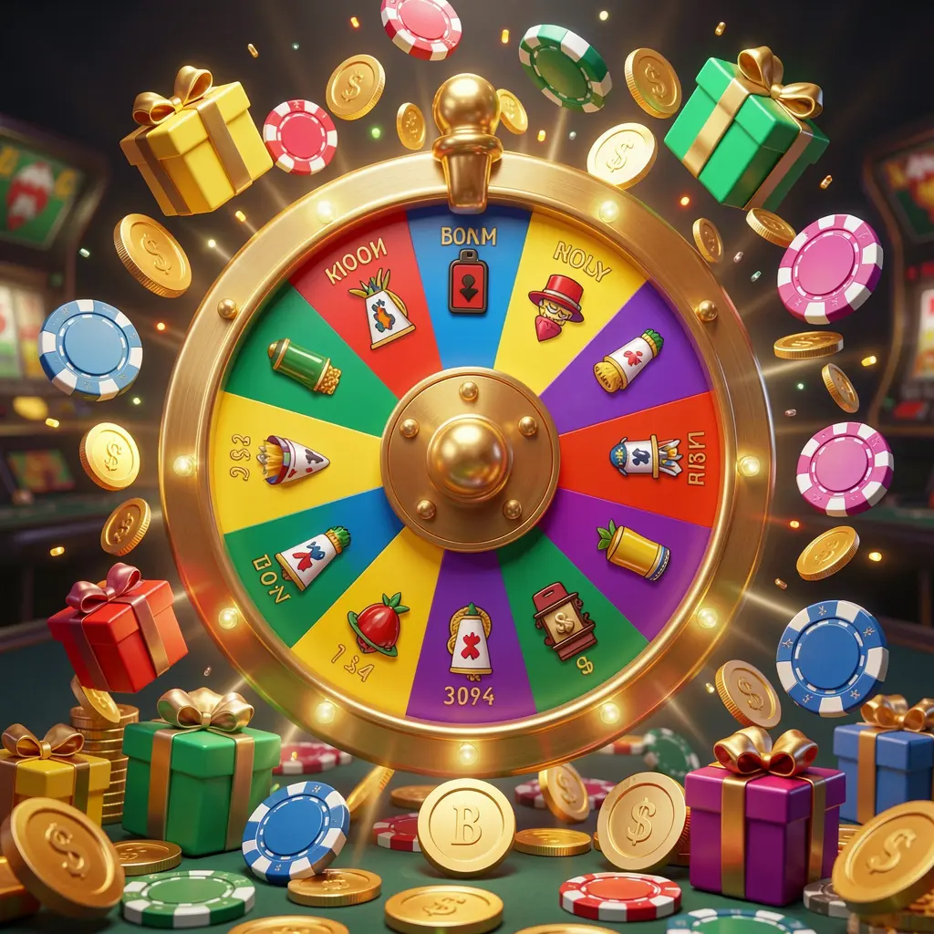 PGY7777 online casino bonus wheel with colorful prize wheel surrounded by golden coins, chips, and gift boxes, glowing casino lights creating an exciting jackpot atmosphere on a dark background