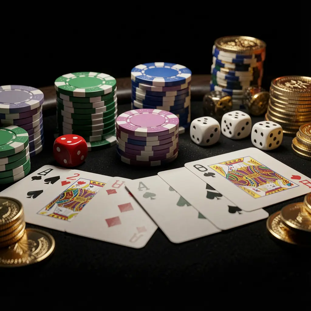 Close-up of an elegant PGY7777 casino table featuring poker chips, playing cards, dice, and gold coins under soft cinematic lighting against a luxury black background Close-up of an elegant PGY7777 casino table featuring poker chips, playing cards, dice, and gold coins under soft cinematic lighting against a luxury black background