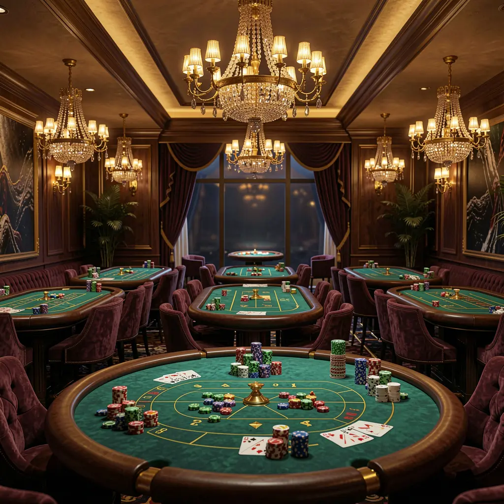 High-end casino lobby with golden lights, roulette tables, chips and cards in an elegant premium design with a dark cinematic background, ultra detailed 3D render featuring PGY7777 branding High-end casino lobby with golden lights, roulette tables, chips and cards in an elegant premium design with a dark cinematic background, ultra detailed 3D render featuring PGY7777 branding