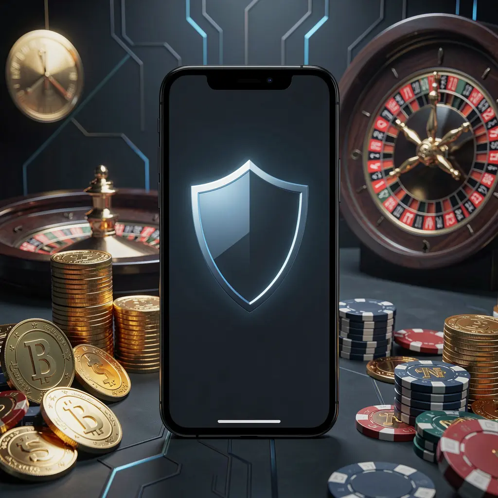 PGY7777 secure mobile casino access with phone screen displaying shield icon, roulette wheel, poker chips, and golden coins in a dark cyber luxury atmosphere PGY7777 secure mobile casino access with phone screen displaying shield icon, roulette wheel, poker chips, and golden coins in a dark cyber luxury atmosphere