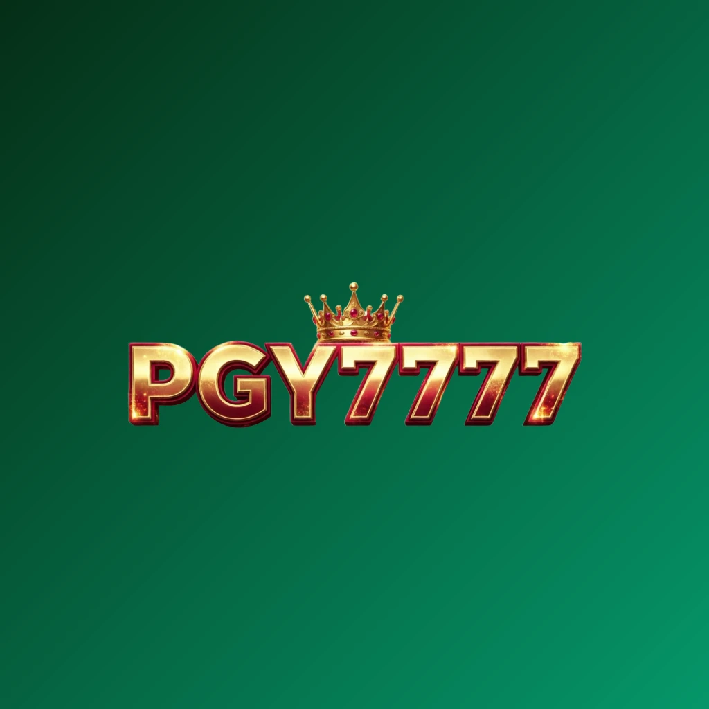 Dynamic casino-style logo for PGY7777 featuring massive bold lettering in bright gold and crimson colors with a glowing crown and sparkling light effects on a transparent background, designed as a wide horizontal rectangular wordmark for website header