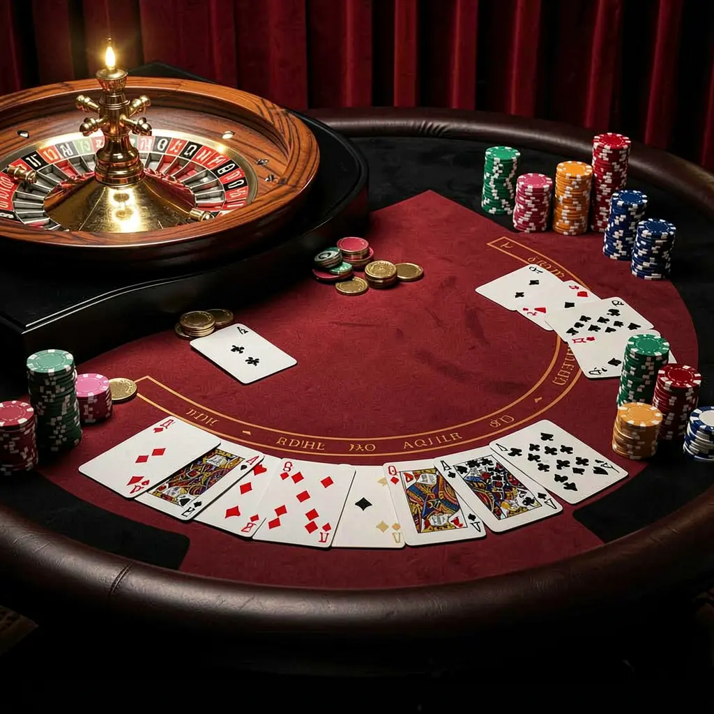 PGY7777 online casino platform hero image featuring an elegant gaming table with roulette wheel, blackjack cards, poker chips, and coins under luxury cinematic black and red lighting